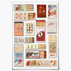 an assortment of matches are displayed on a white background