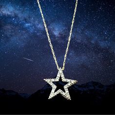 10k, White Gold Star Outlined In Diamonds 5/8 Of An Inch In Diameter. Comes On A 10k, Yellow Gold Light Rope Chain 18.5 Inches In Length. Diamond Star Necklace, Star Outline, Diamond Star, Gold Light, Gold Star, Star Necklace, Rope Chain, Gold Stars, 10k Gold