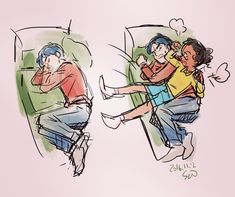 two people are sitting on a bed with their arms around each other and one is holding the other's head