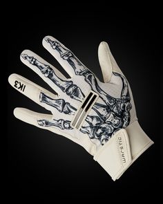 a white glove with black and white designs on the palm is shown in front of a black background