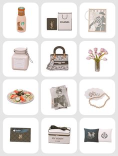 various items are arranged in the shape of squares on a white background, including flowers and purses