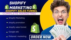 a man holding money in front of his face with the words shopify marketings