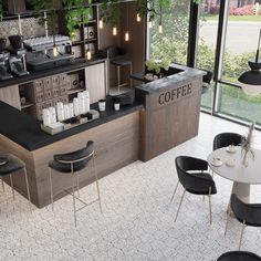 the interior of a coffee shop with tables, chairs and counter tops in front of large windows