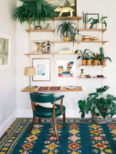 a living room with plants and pictures on the wall above a desk in front of a rug