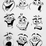 cartoon faces drawn in black and white with different expressions, including eyes, nose, mouth,