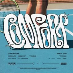 a poster with the word collage written in white on a blue tennis court, and someone holding a tennis racquet