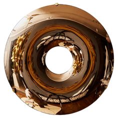 a circular object is shown in the middle of a white background with gold and black accents