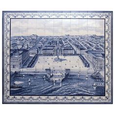 a blue and white tile mural depicting an aerial view of a city with boats in the water