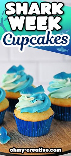 blue cupcakes with white frosting on a wooden board and the title shark week cupcakes