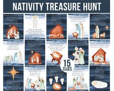 the nativity treasure hunt is shown with instructions for how to decorate it and what to put