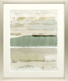 an abstract painting with green, beige and white stripes on the bottom half of it