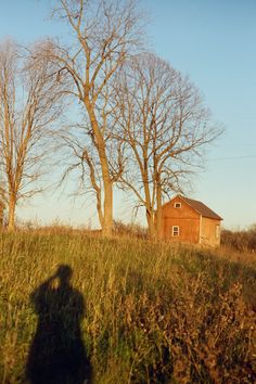 the shadow of a person standing in front of two trees and a house on a hill