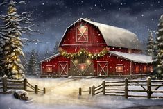 a painting of a red barn in the snow with christmas lights on it's roof