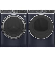 the front load washer and dryer are both dark blue with silver trims