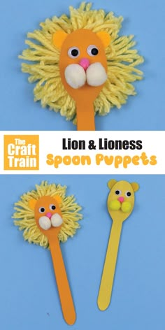 lion and lioness spoon puppets made out of construction paper with the words lion and lions on them