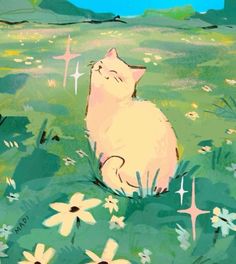 a painting of a cat sitting in the grass with daisies around it and stars above