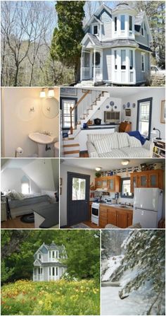 several pictures of different houses in the woods