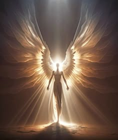 an angel standing in the middle of a room with light coming from it's wings