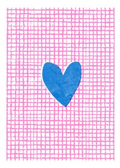 a blue heart on a pink and white checkered background with the word love written below it