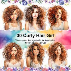 Curly Hair Girl, Clothing Prints, Curly Girl Hairstyles, Hair Girl, Watercolor Clipart, Transparent Png, Design Templates, Artist At Work, Zip File