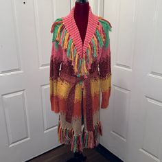 Nwt Alice + Olivia Multi Color Fringe Sweater Listed As An Xs/S But Fits Up To A Large Comfortably Pink Bohemian Knit Outerwear, Fitted Bohemian Pink Cardigan, Olivia Pink, Sequin Hoodie, Puff Sleeve Cardigan, White Top Women, Embellished Cardigan, Fringed Poncho, Linen Sweater