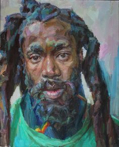 a painting of a man with dreadlocks on his head and wearing a green shirt