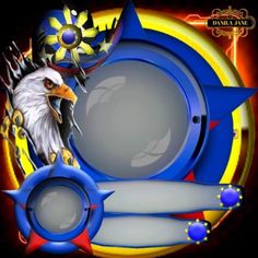 an eagle is sitting on top of a blue and yellow circle with other items around it