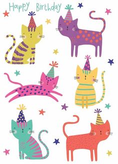 a birthday card with cats and stars on it