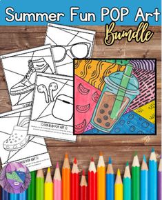 the summer fun pop art bundle is shown with crayons and pencils next to it