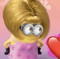 a cartoon minion holding a heart in front of a pink and purple background with hearts