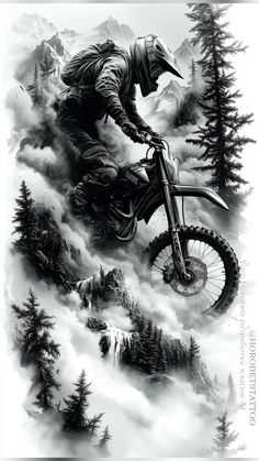 a drawing of a person on a dirt bike flying through the air with mountains in the background