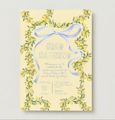 a yellow and blue wedding card with a bow on the front that says chao bamboo