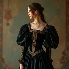 Discover the opulence of 16th-century England with this elegant Tudor-era inspired dress. Featuring a fitted, corseted bodice and loose, flowing sleeves, this floor-length gown is adorned with intricate embroidery and ornate gold trimming. The rich, velvety black fabric with a subtle sheen creates a slender, refined silhouette, complete with a delicate train and beaded lace trim. The soft, muted background in warm, earthy tones enhances the dress’s regal sophistication and understated elegance, making it a timeless piece for any historic-themed occasion.#TudorEraFashion #ElegantGown #FloorLengthDress #HistoricalCostume #RegalElegance #CorsetedBodice #IntricateEmbroidery #GoldTrimming #VelvetyBlackDress #16thCenturyStyle #VintageFashion #LuxuryDress #HistoricalDress #GownWithTrain Tudor Dress Aesthetic, Luxury Fitted Medieval Historical Dress, Tudor Era Fashion, Medieval Dress Queen, Medeival Dress, Luxury Historical Style Medieval Dress, Baratheon Dress, Black Medieval Dress, Luxury Historical Medieval Dress In Baroque Style