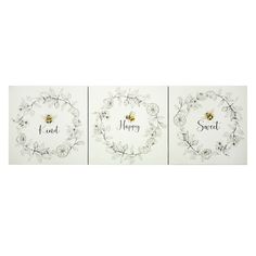 three wall hangings with the words happy and sweet written in gold foil on them