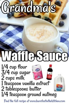 an advertisement for grandma's waffle sauce with blueberries and syrup in the background