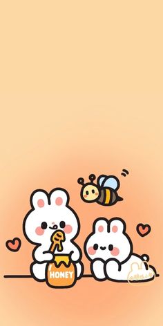 two cute little animals sitting next to each other in front of a honey pot and bee