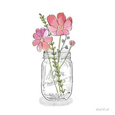 watercolor painting of pink flowers in a mason jar