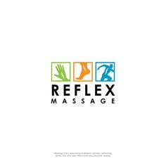 the reflex massage logo is shown in green, yellow and blue colors with hands on it