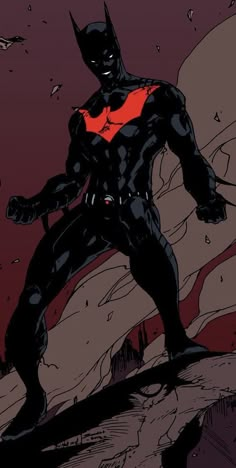 a black and red batman standing on top of a hill