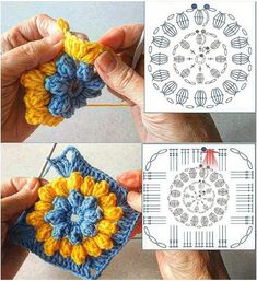 crocheted granny square being used to make a sunflower ornament pattern