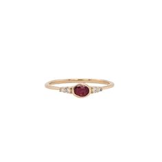 A dainty east west ring is perfect for the minimalist in your life or for giving someone their first piece of jewelry :) This ruby presents a mixture of red hues which is perfectly accentuated by two diamonds on each side. The slim yellow gold shank provides a lightweight, effortless look! This ring is made with solid 14K Gold and natural Earth mined SI / G-H diamonds. As listed, this ring is ready to ship. If you're interested in purchasing this setting with a different center stone please mess Elegant Oval Ruby Stackable Ring, Dainty Oval Red Ruby Ring, Minimalist Red Oval Rings, Dainty Oval Ruby Ring In 14k Gold, Minimalist 14k Gold Oval Ruby Ring, Dainty Oval Ruby Birthstone Ring, Red Oval Stackable Promise Rings, Minimalist Oval Ruby Ring In Yellow Gold, Minimalist Oval Yellow Gold Ruby Ring