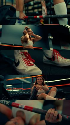 a woman sitting on top of a bench in a gym