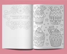 an adult coloring book with cupcakes and hearts on the pages is open to show it