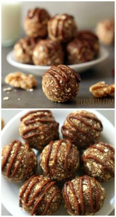 two pictures show different types of cookies on plates and in the middle there is a bowl of nuts