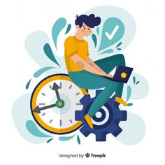 a man is sitting on top of a clock with gears around his legs and holding a laptop