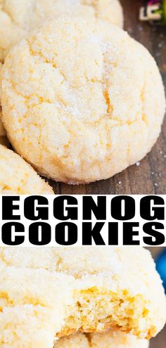 eggnog cookies are stacked on top of each other with the words eggnog cookies above them