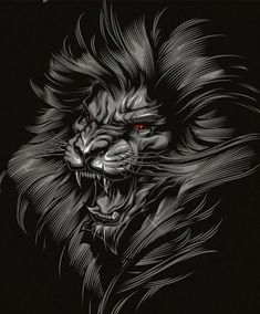 a black and white drawing of a lion's head with red eyes on a dark background