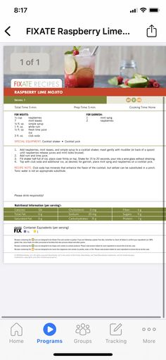 an iphone screenshot of a recipe page with the text fixe raspberry lime mojitta