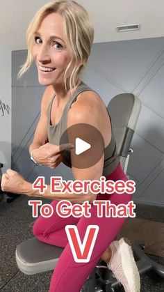 a woman sitting on a chair with the words 4 exercises to get that v