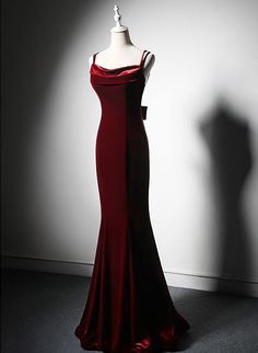 Long Red Elegant Dresses, Deep Red Evening Gown, Prom Dresses Red Velvet, Designer Evening Gowns Classy, Red Velvet Evening Dress, Dark Red Hoco Dress Long, Wine Red Velvet Dress, Dark Red Mermaid Dress, Prom Dress Dark Colors